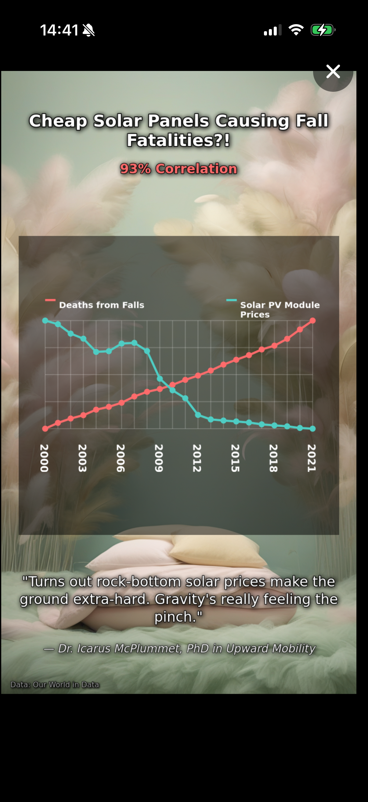 Stupid Correlations iOS app home screen showing category selection for generating funny correlation charts between animals, food, technology, and society data